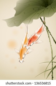 Japanese Carp fishes swimming in lotus pond