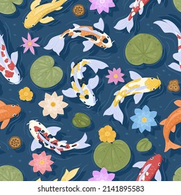 Japanese carp koi fish, asian goldfish, pond carp seamless pattern. Chinese carp and pond flowers, goldfish oriental water garden vector background illustration. Swimming koi fish