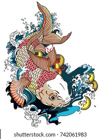 japanese carp koi gold fish swimming in a pond with feng shui money coins . Tattoo style vector illustration 