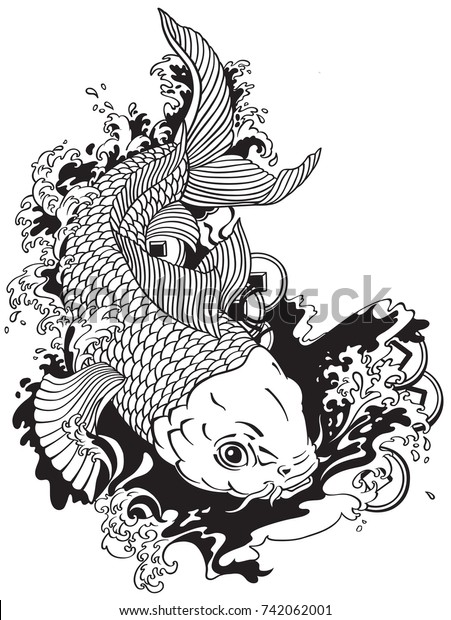 鯉が風水銭と池で泳ぐ タトゥースタイルの白黒のベクターイラスト のベクター画像素材 ロイヤリティフリー