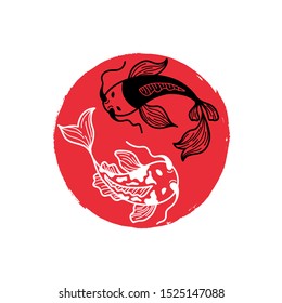 Japanese Carp Koi on the Red Round Brush Spot. Painted Circle Icon. Asian Traditional Symbol with Decorative Fishes. Cover Design for Sushi Restaurant Menu