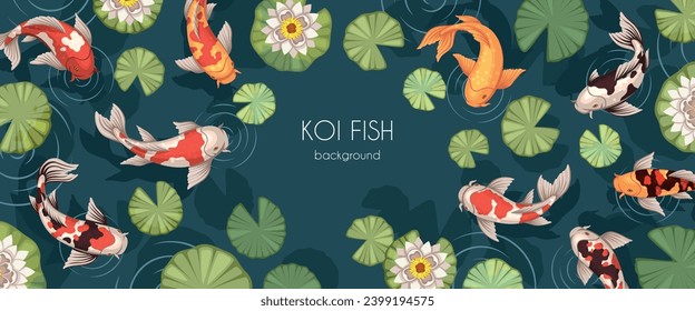 Japanese carp in pond. Spotted gold koi fish, water lilies, lotuses with green leaves, traditional asian decorative natural oriental design. Web horizontal banner. Tidy vector concept