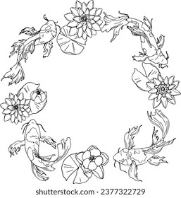 Japanese carp swims among water lilies. View from above. Line drawing of koi fish. Frame in the form of a Japanese pond. space for text on packaging, invitations, cards, websites, etc. vector image.