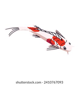 Japanese carp top view. Beautiful colorful koi, Nishikigoi. Decorative Asian red spotted fish. Oriental animal, symbol of fortune in Japan. Flat isolated vector illustration on white background