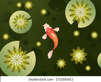 Japanese carp in the water vector drawing. Asian Koi fish. Traditional asian fish and lotus