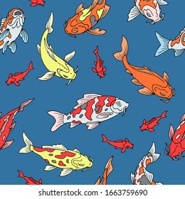 Japanese carps koi seamless pattern, fishes swimming in blue pond water oriental cartoon vector illustration. Carp koi in water top viewtraditional asian background.