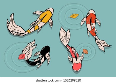 japanese carps in water with leaves