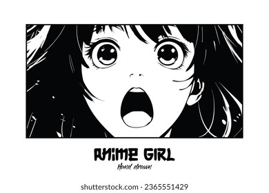 Japanese Cartoon Comic Concept: A Detailed Hand-Drawn Image of a Surprised Asian Female Face in Manga Style
