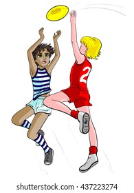 Japanese Cartoon Style Drawn Isolated Illustration Of Two Sporty Boys Playing Australian Rules Football (vector). Aussie, Footy