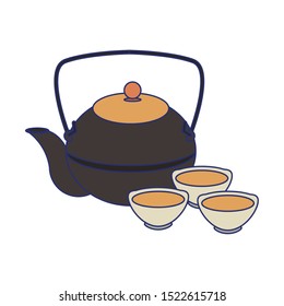 Japanese cast iron teapot and cups over white background, vector illustration