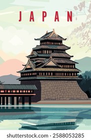 Japanese Castle Illustration - Tranquil Water Reflection vector illustration