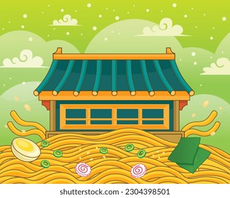 Castillo japonés con ilustración de la ola de fideos, bueno para el restaurante de pared