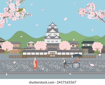 Ilustración vectorial del castillo japonés.
paisaje primaveral con flores de cerezo en flor.