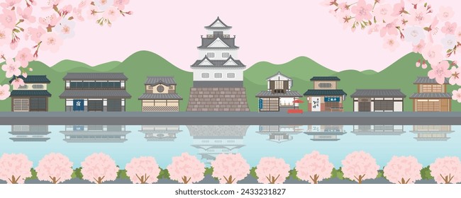 Ilustración vectorial de la ciudad del castillo japonés.
paisaje primaveral con flores de cerezo floreciendo.