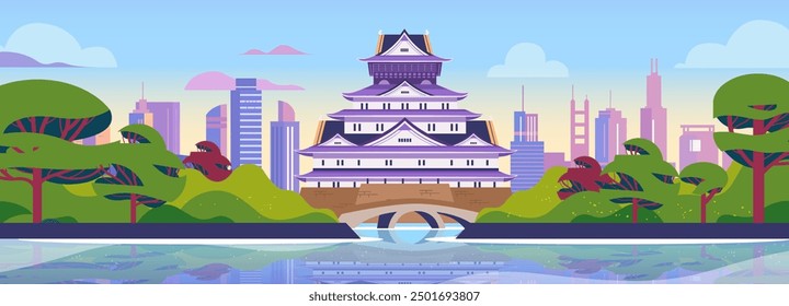 Japanese castle traditional architecture with modern city skyline trees and water reflection