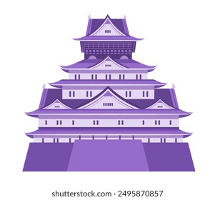 Japanese castle with traditional architecture purple color scheme isolated on white background