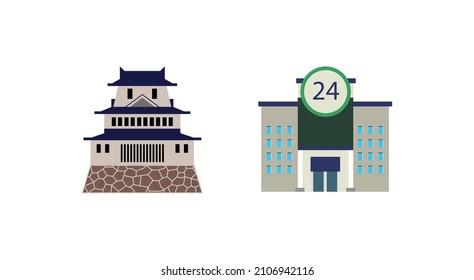 Japanese castle vector and Convenience Store  vector flat icon.