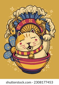 Japanese Cat Doodle Vector Illustration