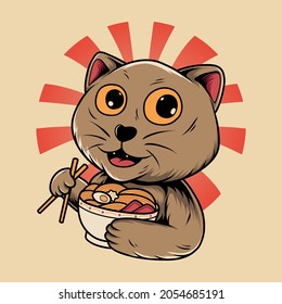 Japanese cat eating ramen vector illustration