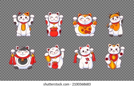 Japanese cat luck Maneki Neko set on a transparent background. Cats with raised paws and coins of money. A symbol of wealth and prosperity. Vector cartoon illustration.