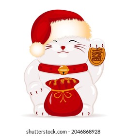 Japanese cat Maneki Neko in Santa's Christmas hat.