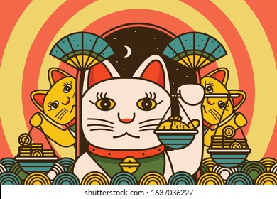  Japanese cat Maneki-neko vector illustration with money, fish and oriental background. White and gold maneki-neko  Japanese symbol of good luck.