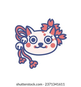 Japanese cat mask with bells and sakura flowers. Oriental Traditional Animal Mask. Asian Kabuki theater. Vector illustration