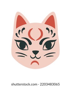 Japanese cat mask icon. Head of sacred animal in abstract style. Religion and Asian traditions. Festival, holiday and entertainment. Graphic element for website. Cartoon flat vector illustration