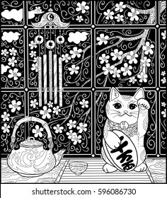 Japanese cat, tea and sakura coloring book page for adult. Cat maneki neco with japanese luck coin with hieroglyphics "a lot of money". 
