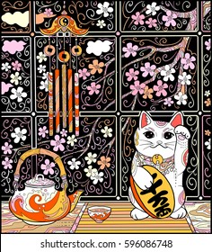 Japanese cat, tea and sakura coloring book page. Cat maneki neco with japanese luck coin with hieroglyphics "a lot of money".