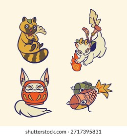 Japanese cat vector art set
