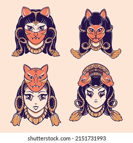 japanese cat women vector set 