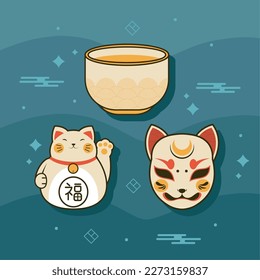 japanese cats and bowl poster