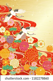 Japanese celebratory background of cranes and flowers