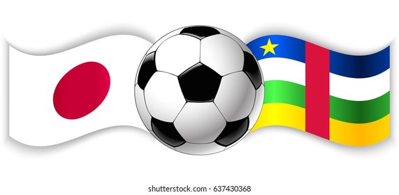 Japanese and Central African wavy flags with football ball. Japan combined with Central African Republic isolated on white. Football match or international sport competition concept.