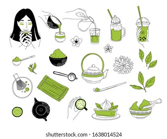 Japanese ceremony with Matcha. Eastern Girl woman drinking tea. Hands holding tea items. Matcha latte, pie, dessert. Vector illustration doodles, set of tea party in thin line art sketch style