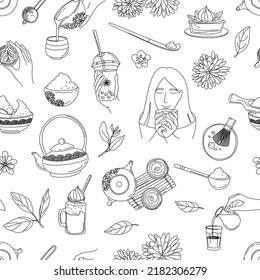 Japanese ceremony with Matcha. Eastern Girl woman drinking tea. Hands holding tea items. Matcha latte take away. Vector illustration doodles, seamless background pattern in thin line art sketch style