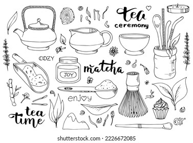 Japanese ceremony with Matcha. Hands holding tea items. Vector illustration doodles, set of tea party in thin line art sketch style