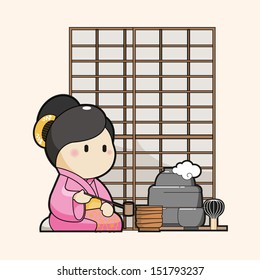 Japanese Character cartoon serving traditional tea, EPS10 vector format