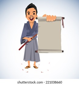 Japanese character in traditional costume with old paper roll. samurai. presenting concept - vector illustration