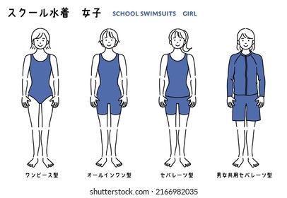 The Japanese characters are "school swimsuit girls" and "one-piece type, all-in-one type, separate type, unisex separate type".