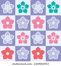 Japanese Checkered Cherry Blossom Vector Seamless Pattern
