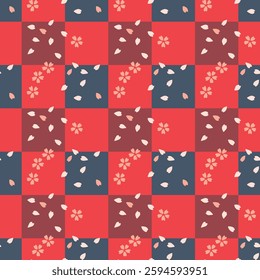 Japanese Checkered Petal Fall Vector Seamless Pattern