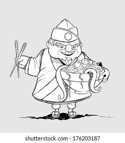 Japanese chef with a bowl of exotic foods. Freehand drawing