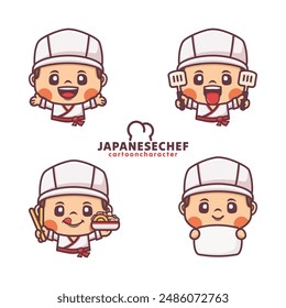 diseño de personajes de dibujos animados del chef japonés con diferentes poses y expresiones. Ilustración vectorial en estilo contorno