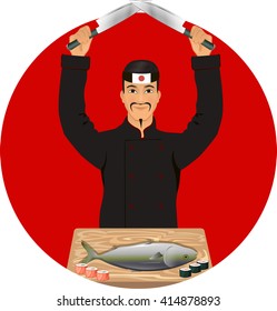Japanese chef cooking fish using two katana
