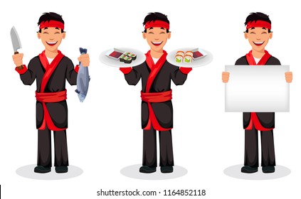 Japanese chef cooking sushi rolls, set of three poses. Handsome cartoon character holding knife and fish, holding sushi rolls and holding blank placard. Vector illustration