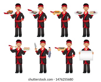 Japanese chef cooking sushi rolls. Handsome cartoon character, set of eight poses. Vector illustration