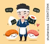 Japanese chef with cute sushi friends are walking and join hands by cheerfully. 
