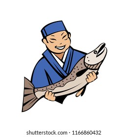 Japanese chef holding fresh fish. Vector logo of a Japanese restaurant. Fresh seafood.